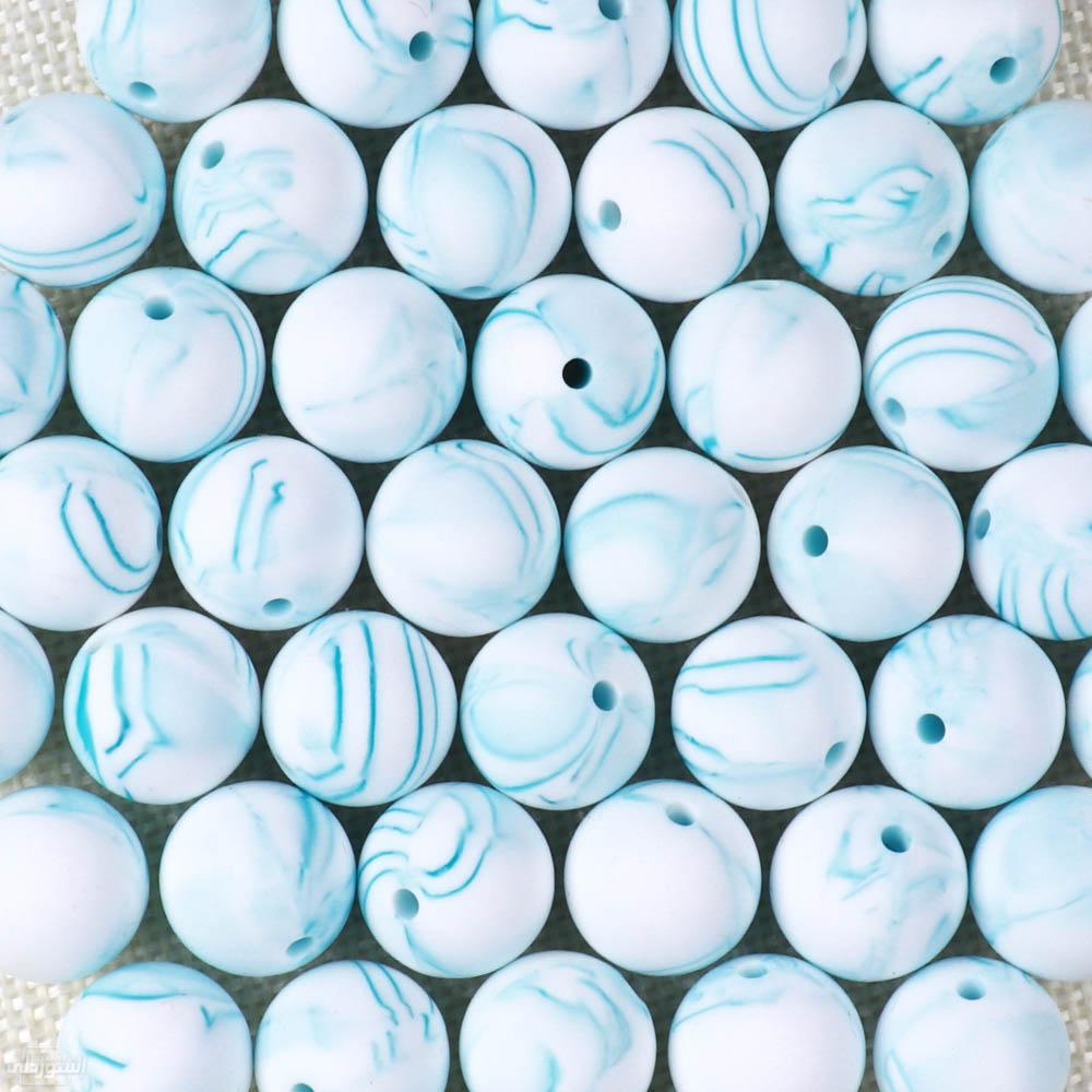 كرة سيليكون للاطفال غذائي ذات جودة عالية بصميمات مختلفة ذات لون ابيض بخطوط زرقاء 