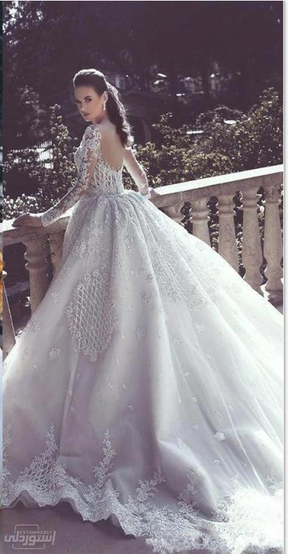 فستان زفاف ذات أكمام شفافه مزخرفة ومكشوفة من الخلف 
