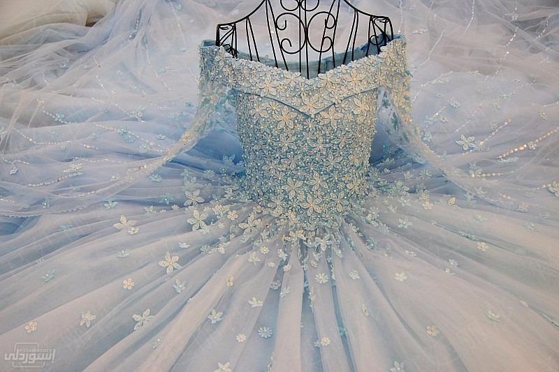فستان زفاف  طويل ازرق فاتح باكمام شفافة مكشوف الاكتافمزخرف بورود من القماش عليها خرز