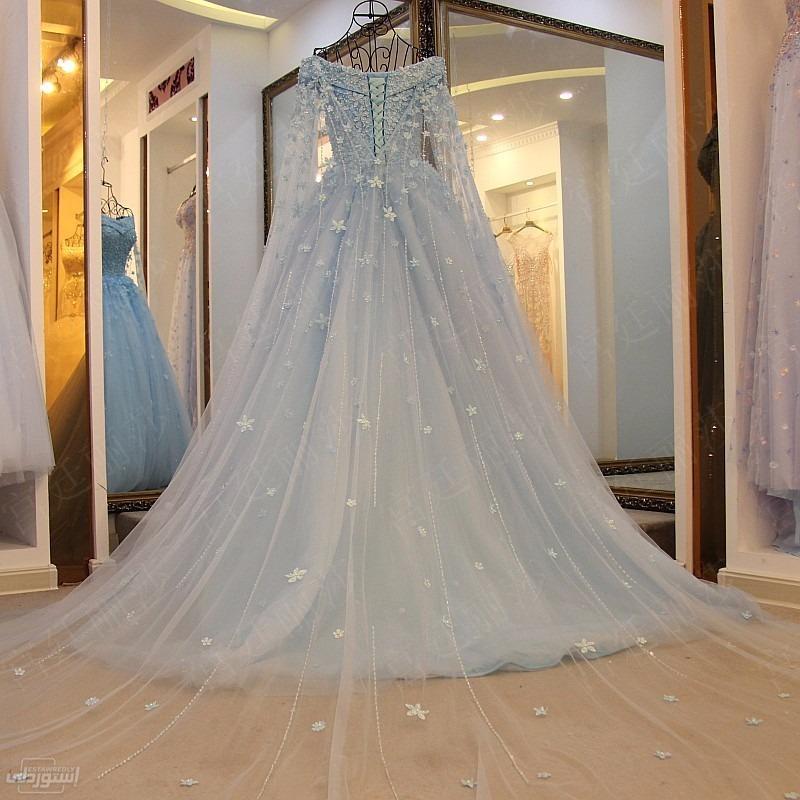 فستان زفاف  طويل ازرق فاتح باكمام شفافة مكشوف الاكتاف برباط من الخلف 