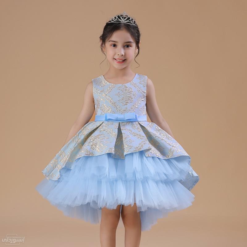 فستان أطفال بدون كم ساحر وقصير يتكون من ثلاث طبقات شفاف من أسفل ومخرز ذات جودة عالية ازرق اللون 
